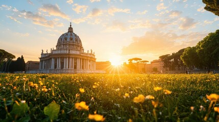 Beautifully illuminated historic domed building du sunset with lush green grass and blooming flowers in foreground