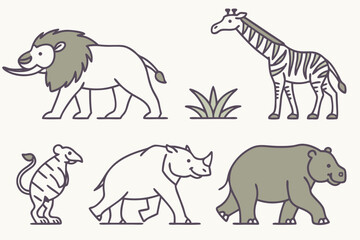 Naklejka premium Collection of african safari animals in a simple line art style isolated on white background