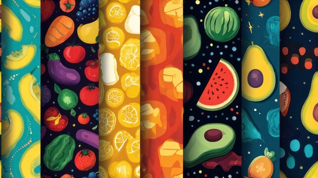 Seamless patterns of fruits and vegetables on dark and teal colorful backgrounds
