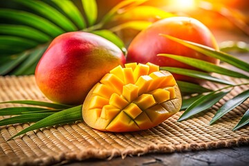Vibrant tropical mangoes artfully arranged with lush green foliage