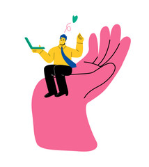 Business man sitting on a hand palm. Support concept. Flat vector illustration isolated on white background