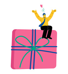 Business man sitting on a big gift. Flat vector illustration isolated on white background