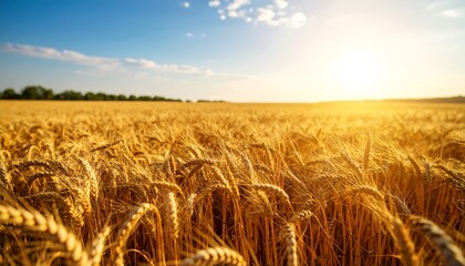 Golden wheat field under the sun with cloudless blue sky nature landscape