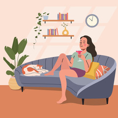 Young woman with cocktail sits on the sofa. Living room interior.  Vector flat cartoon illustration