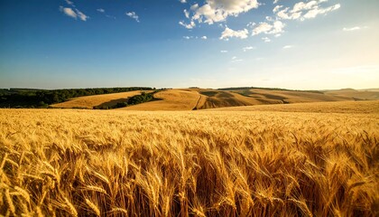 Golden wheat field under a blue sky with soft clouds agricultural landscape