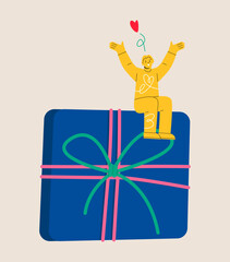 Woman sitting on a big gift. Colorful vector illustration