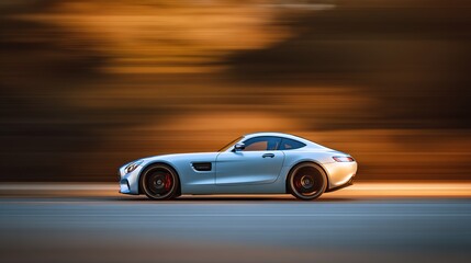 Fototapeta premium A sleek sports car in motion, showcasing speed and dynamic lighting on a simple road.