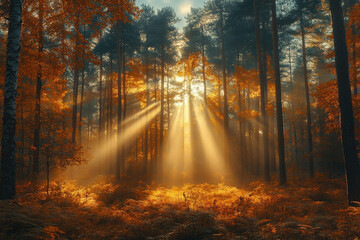 Sunbeams shining through a forest.