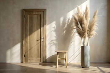 Warm sunlight streams through window illuminating a tall vase of pampas grass