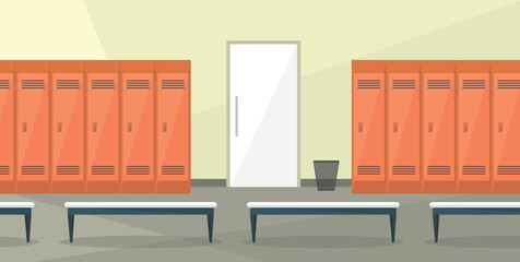 Interior of a locker room with lockers and benches. Locker room in a swimming pool or stadium.