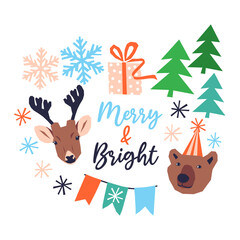 Vector set of Christmas illustrations with brown bear and deer