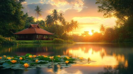 Fototapeta premium Tropical sunrise over serene lake
