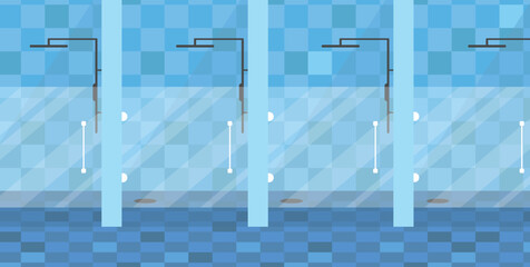 Interior of a room with showers in a gym, fitness center, school, stadium. Public place.
