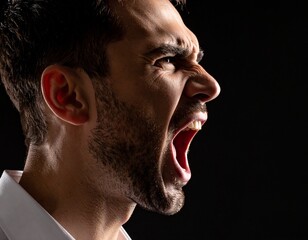 Obraz premium A dramatic, high-contrast close-up of a man's face, mouth wide open in a silent, furious scream