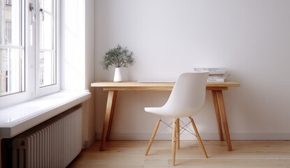 Minimalist, bright home office with wooden desk, white chair, and window