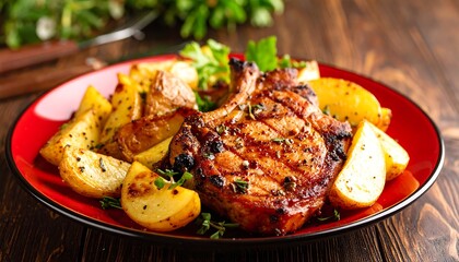 Grilled pork chop with roasted potatoes, seasoned with herbs served on red plate