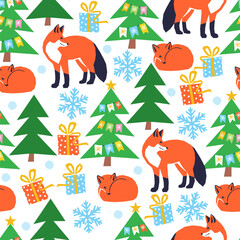 Vector seamless Christmas pattern with foxes in the forest