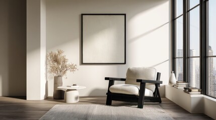Modern minimalist interior showcasing a framed blank canvas and arm chair