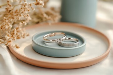 Naklejka premium Delicate wedding rings rest on a pastel-toned dish.