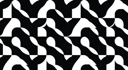 Black and white geometric abstract pattern, seamless optical illusion texture, modern decorative vector design, artistic visual complexity, unique curved shapes