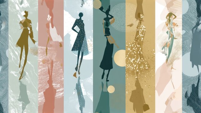 Fashion sketch composite with abstract painted backgrounds and figure silhouettes