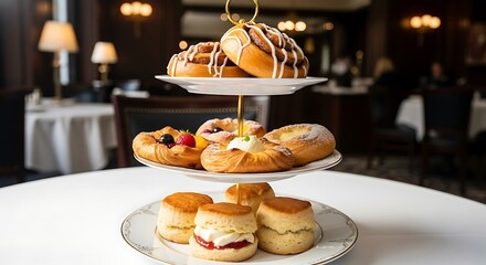 Exquisite Afternoon Tea with Delicate Pastries and Scones Displayed on a Tiered Stand