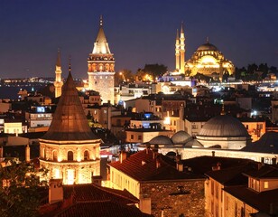 Obraz premium Istanbul's Galata Tower and Mosque at Night: A Glimpse into Turkey's Rich History