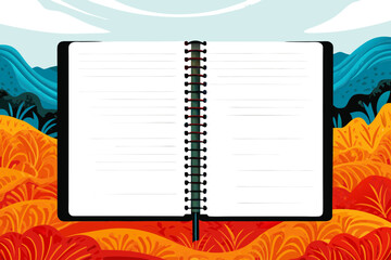Open Spiral Notebook with Blank Pages Against Vibrant Mountain Landscape for Creative Projects, Education, Blogging, or Artistic Inspirations  