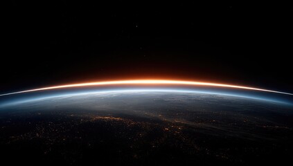 Fototapeta premium Earth rising, sunrise from space. Vast expanse of dark space, with Earth's limb lit by sunrise