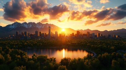 Fototapeta premium Breathtaking sunset over a city skyline with mountains and a lake du golden hour