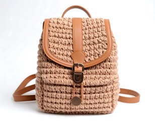 Handcrafted elegance: Beige crocheted backpack with brown leather accents on white surface