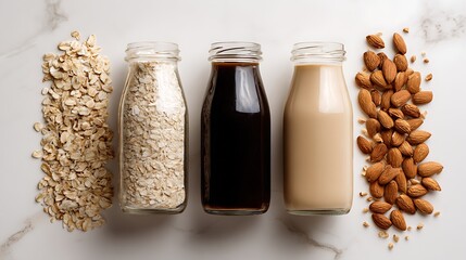Wholesome oat milk and rich almond milk bottles with raw ingredients create a natural, healthy beverage display.