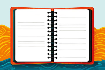 Open Notebook with Blank Pages on Colorful Waves Background for Blogs, Educational Websites, Creative Projects, Digital Planning, and Artistic Presentations  