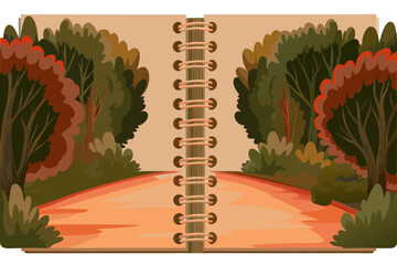 Illustrated Notepad Open to a Scenic Road View Surrounded by Colorful Trees for Nature Blogs, Creative Writing, and Visual Storytelling  