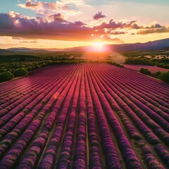 Fototapeta premium Aerial view of blooming lavender field at sunset in Provence.