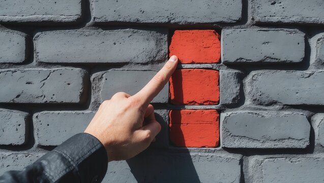A hand pointing at a bright red brick amidst gray bricks on a textured wall conveys focus and contrast - Powered by Adobe