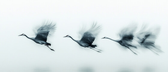 Obraz premium Black and white silhouettes of birds in flight on sky background. Ideal for nature articles, travel blogs, educational materials about birds.