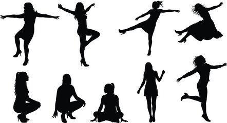 Female silhouettes sitting, standing, dancing, expressing emotion, fashion poses, posture variation, black, white, vector lifestyle, movement illustration pack