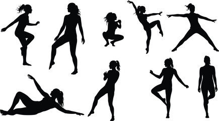 Female silhouettes walking, standing, thinking, fashion poses, graceful movement, posture variations, black, white, vector lifestyle illustration, eleganceFemale silhouettes walking, standing