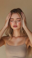 Fototapeta premium A woman with her eyes closed and her hands on her head. Articles on stress and relaxation, advertisements for spa services, educational materials on psychology.