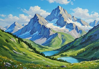 Fototapeta premium Alpine Serenity: Vibrant Mountain Lake Painting