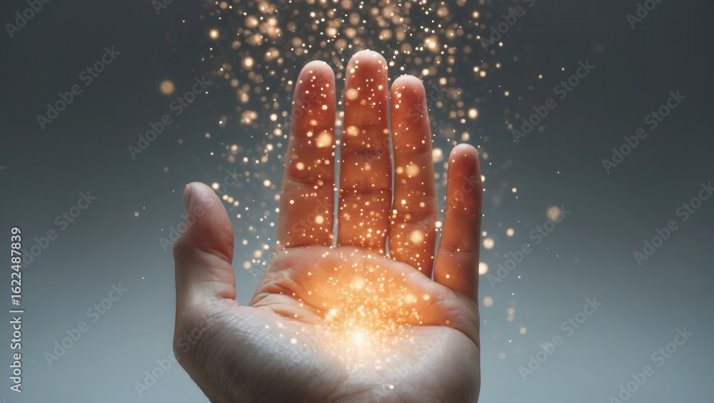 Poster a human hand illuminated with sparkling light particles creating a magical atmosphere