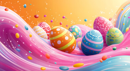 Multicolored Easter eggs on a colorful wave, bright background.