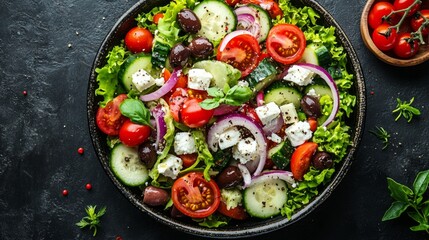 Fresh salad with greens, tomatoes, cucumbers and cheese on dark background, suitable for cooking websites and healthy lifestyle articles.