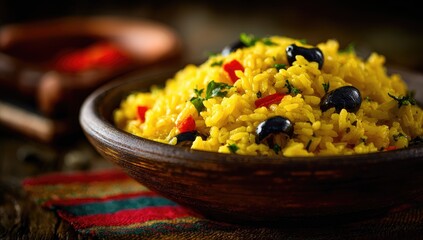 Bowl of golden yellow rice dish with olives and peppers