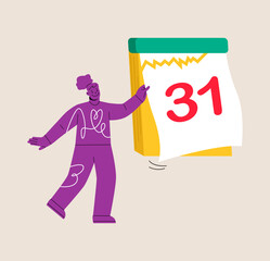 End of month. Woman tear off calendar sheet. Colorful vector illustration
