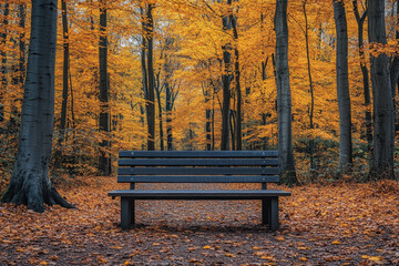 Bench surrounded by a carpet of fallen leaves in the park.
