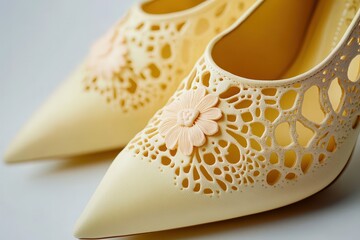 Fototapeta premium Delicate, pale yellow shoes with intricate lace detailing.
