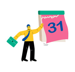 End of month. Business man tear off calendar sheet. Flat vector illustration isolated on white background