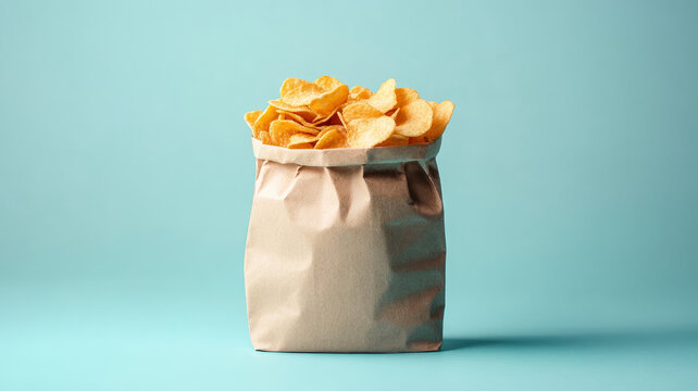 A paper bag filled with potato chips on a blue background.